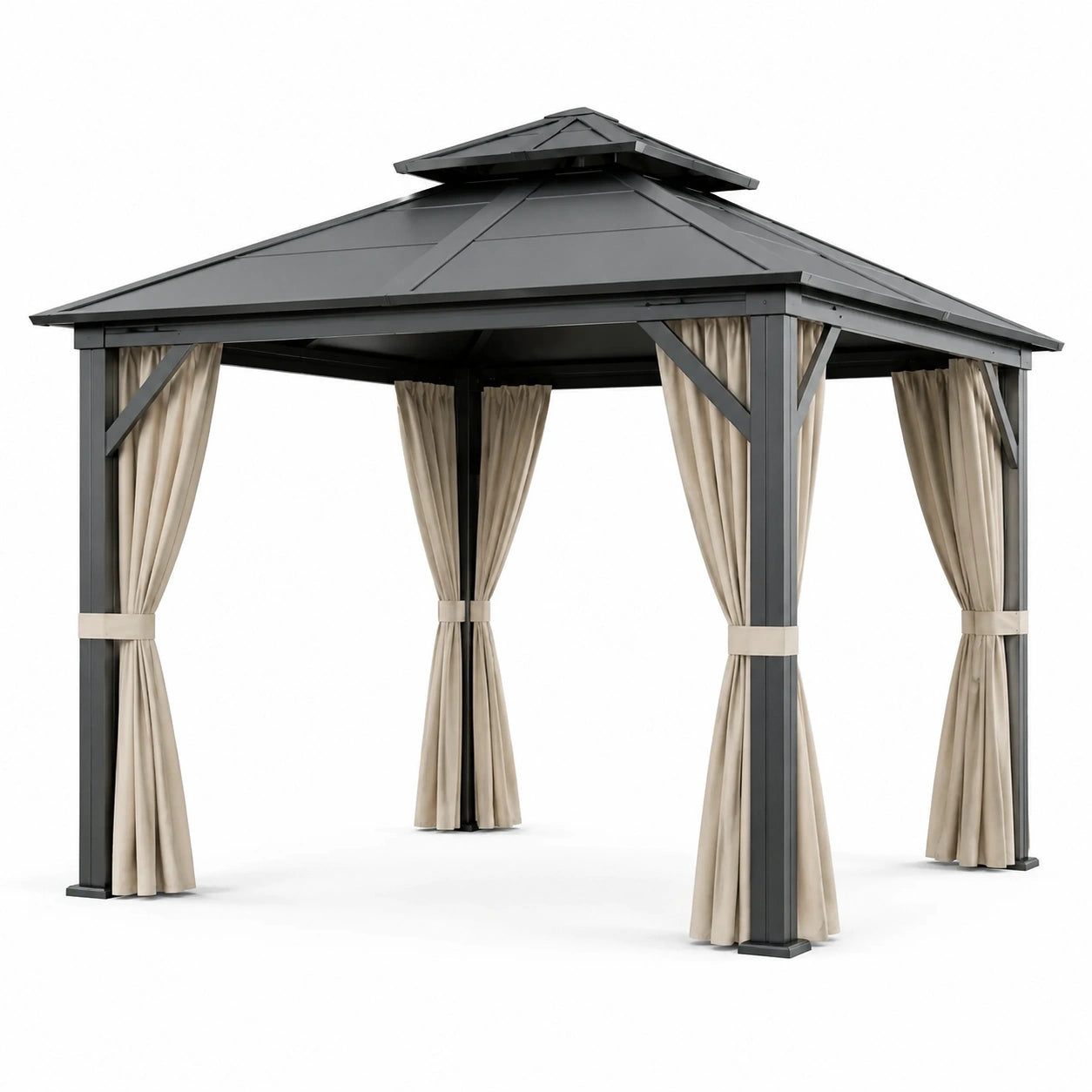 Pavillon de jardin en aluminium gris avec rideaux en polyester beige 3x3m