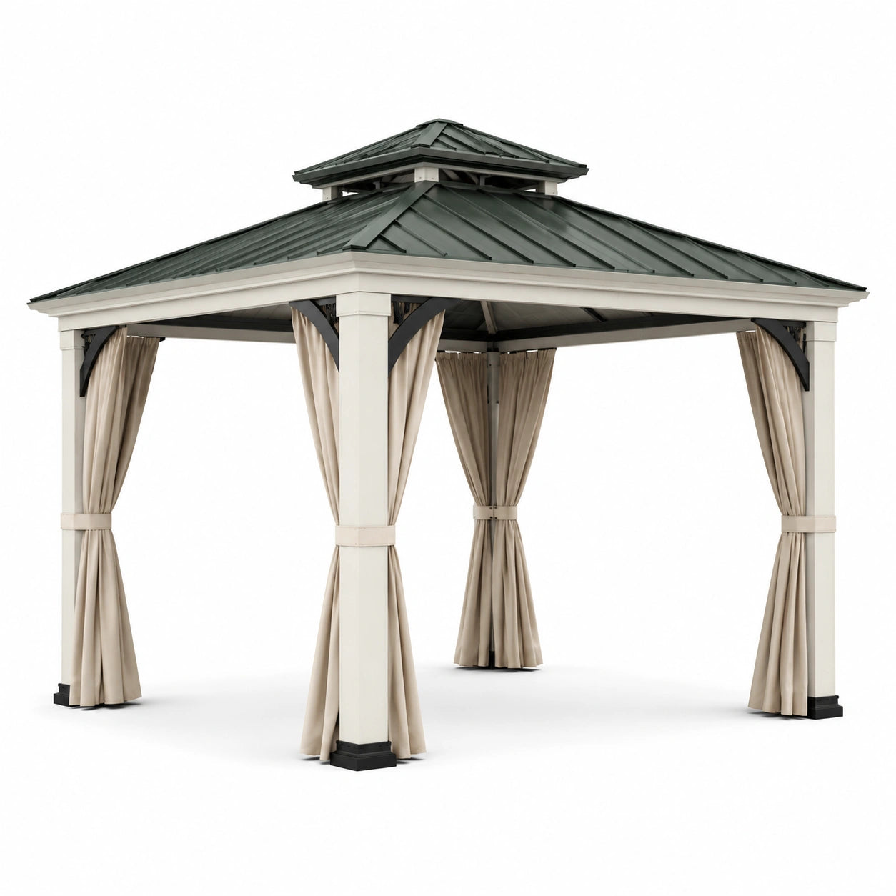 Pavillon de jardin en aluminium avec toit en acier et rideaux en polyester