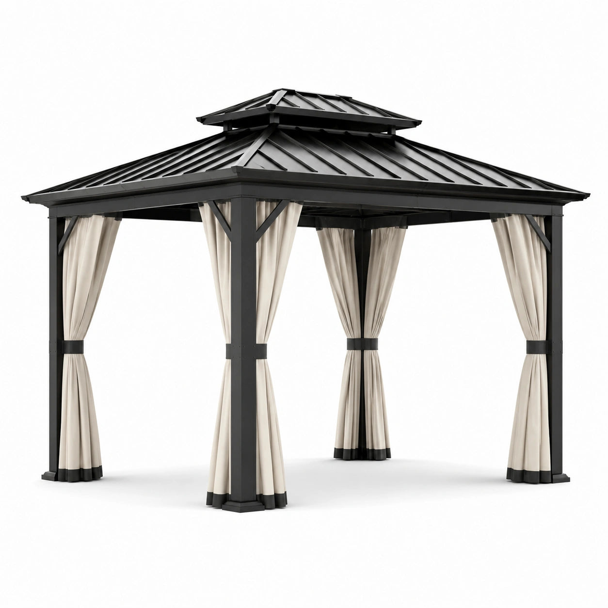 Pavillon en aluminium noir avec toit en acier et rideaux beiges 3m x 3m