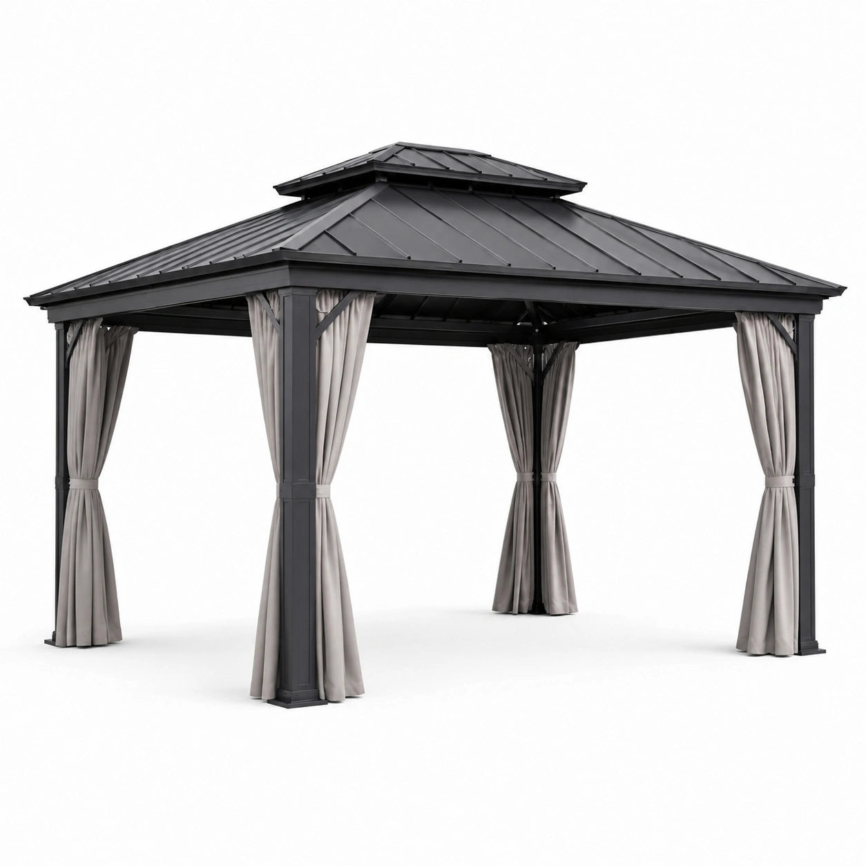 Pavillon de jardin en aluminium avec rideaux en polyester gris et beige