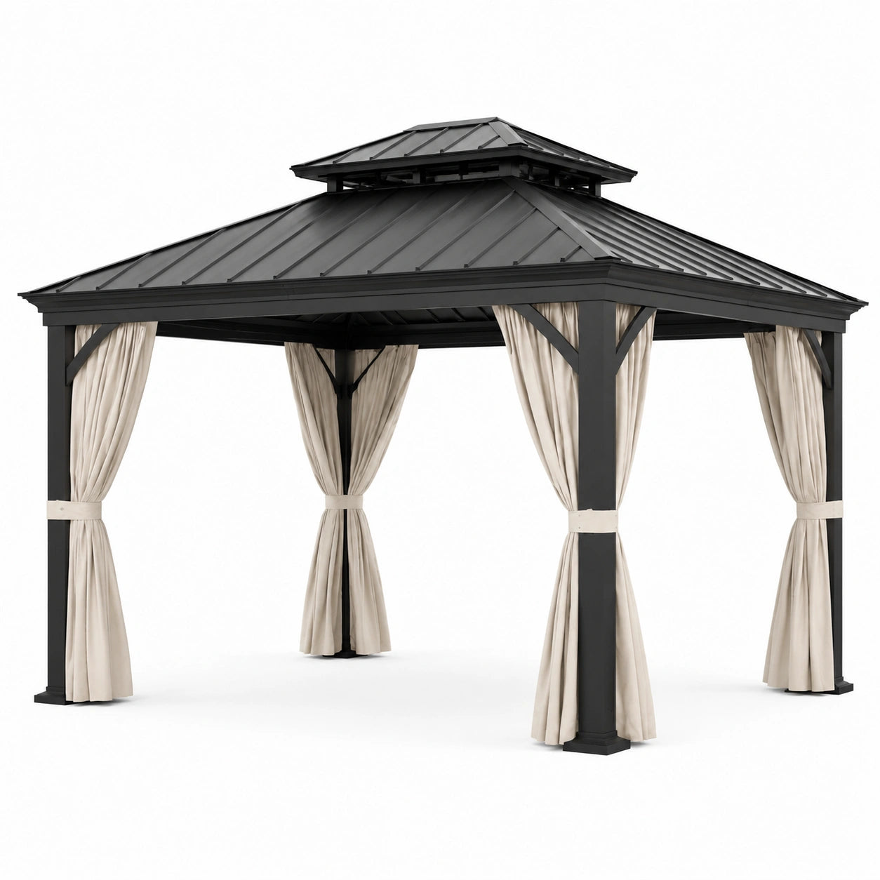 Pavillon de jardin en aluminium avec toit en acier et rideaux en polyester beige 300 x 400 cm