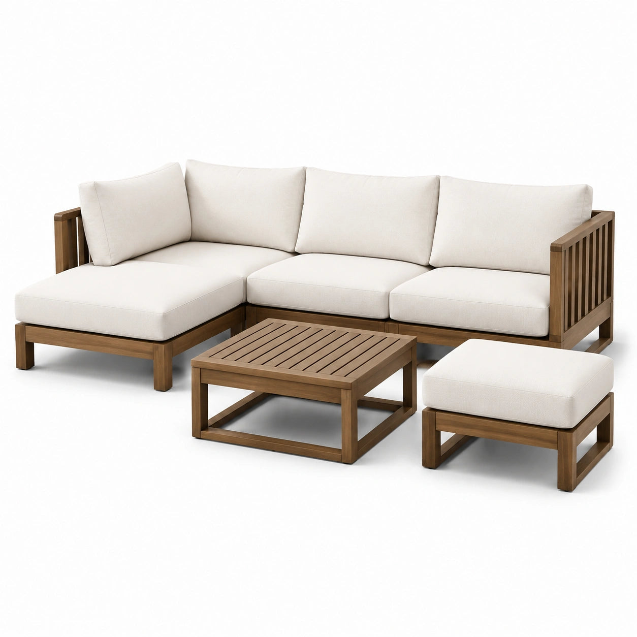 Ensemble modulaire en bois avec coussins en tissu beige