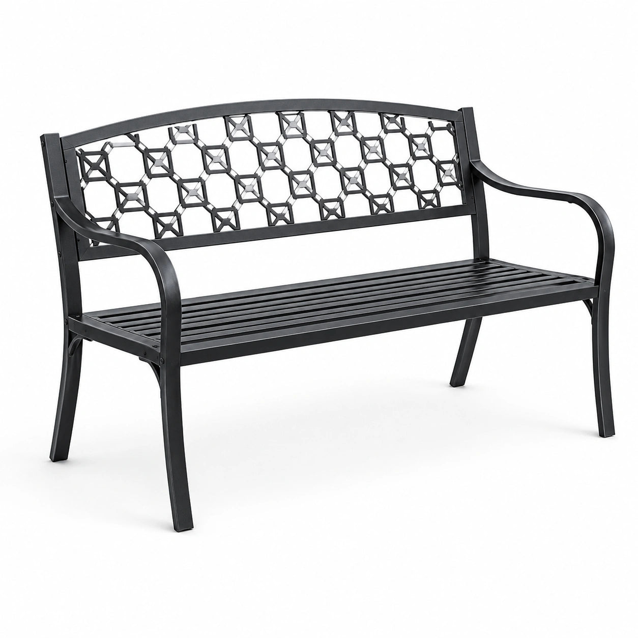 Banc de jardin en acier noir avec dossier décoratif