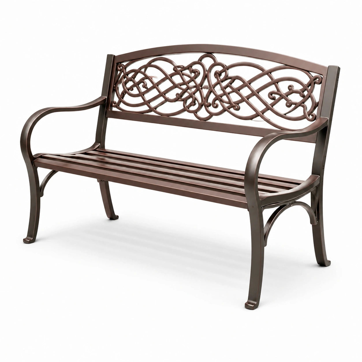 Banc de jardin en fer brun avec dossier décoratif