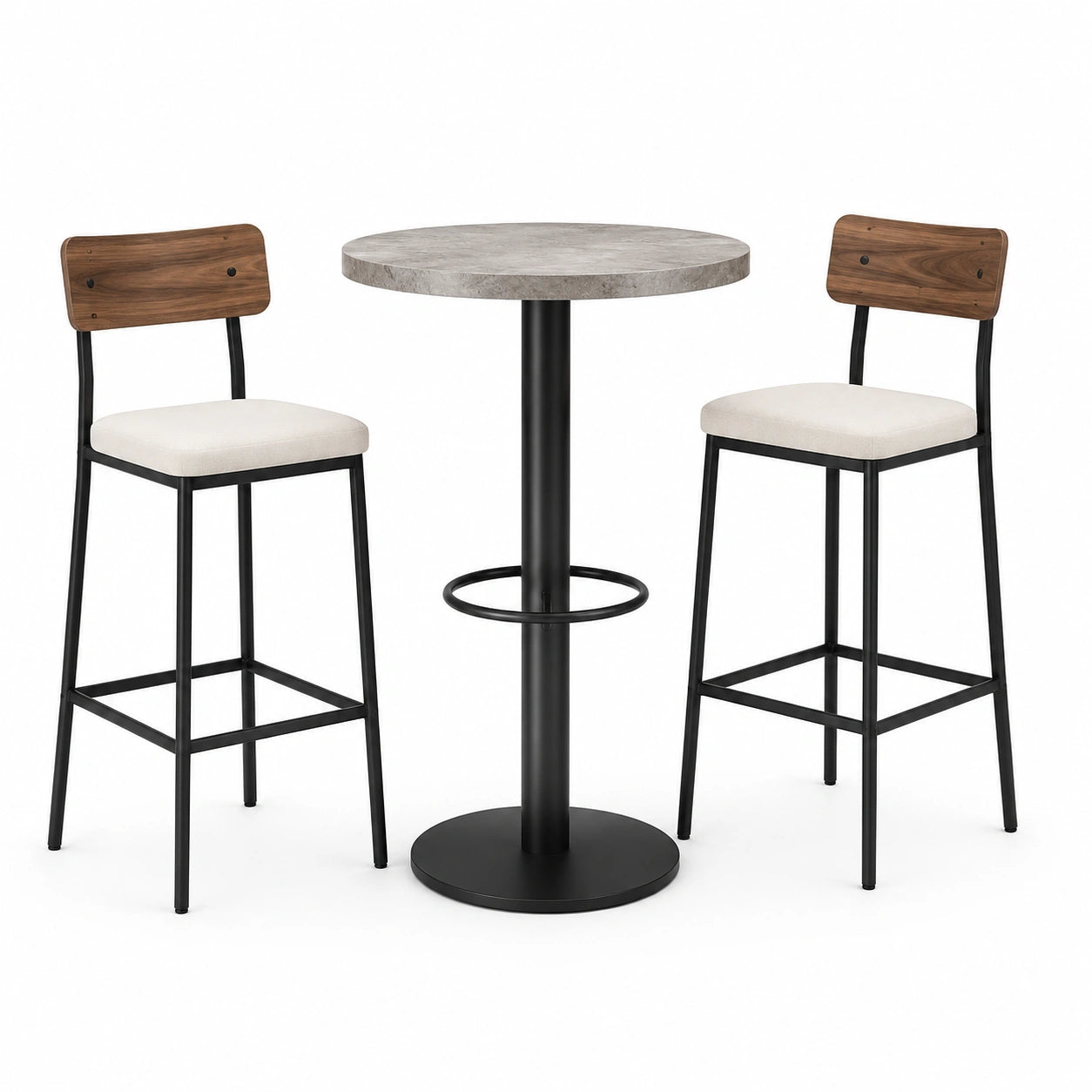 Ensemble table haute ronde en métal et bois avec tabourets en polyester beige
