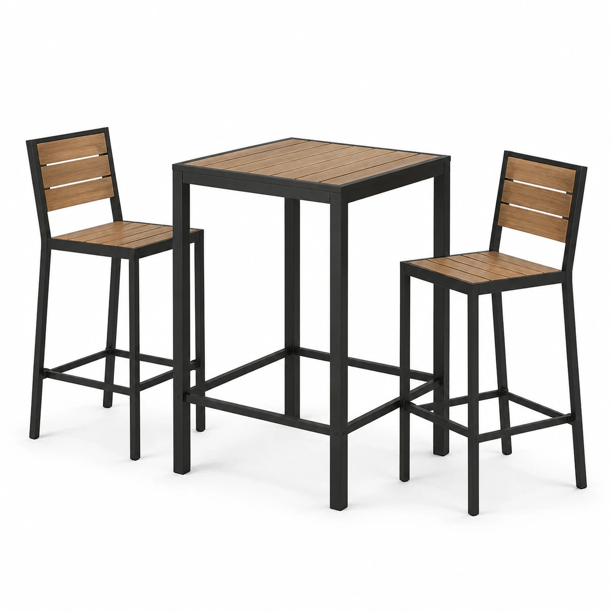 Ensemble table haute carrée et 2 tabourets en bois d'acacia et acier marron/noir