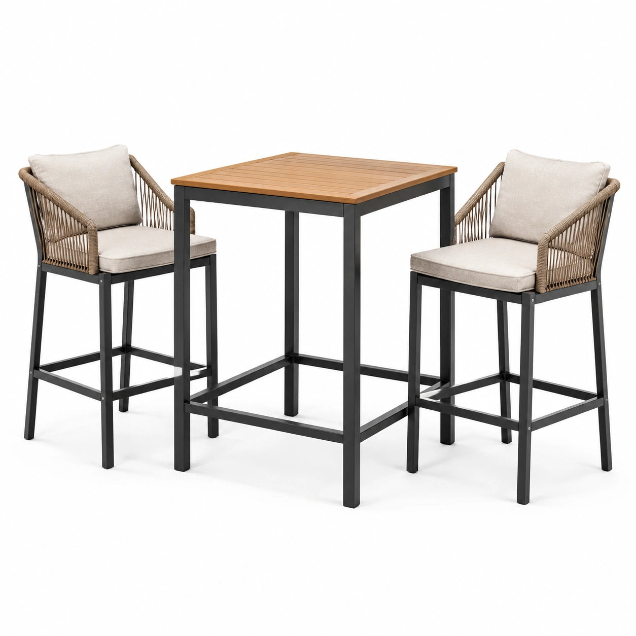 Ensemble de table haute carrée en bois avec tabourets en métal et assise en polyester beige