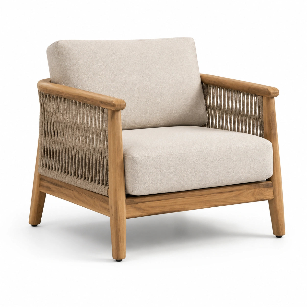 Fauteuil en bois de teck et corde en coton beige