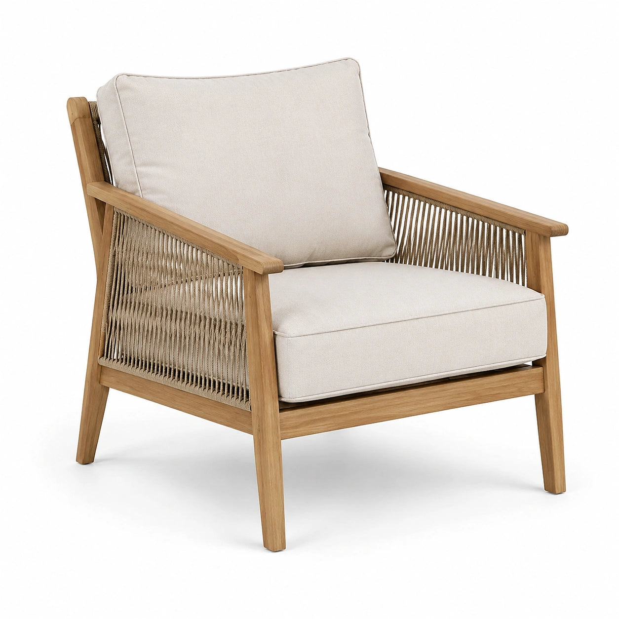 Fauteuil en bois de chêne avec corde tressée et coussins beiges