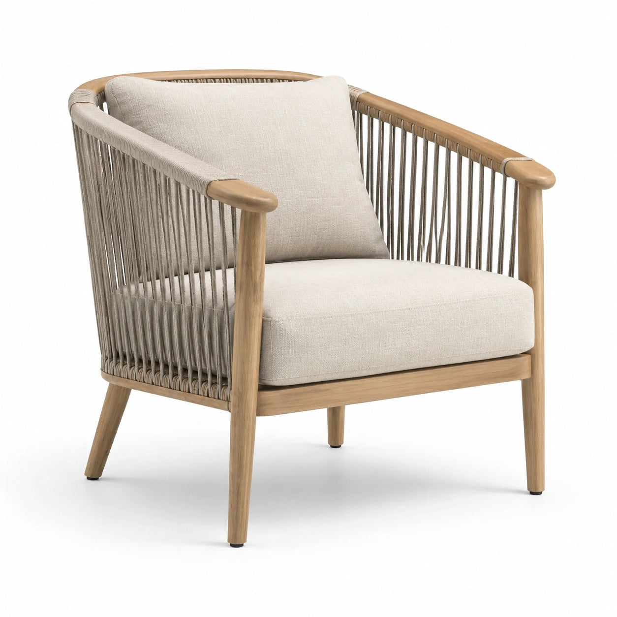 Fauteuil en bois d'acacia avec corde beige et coussin en polyester