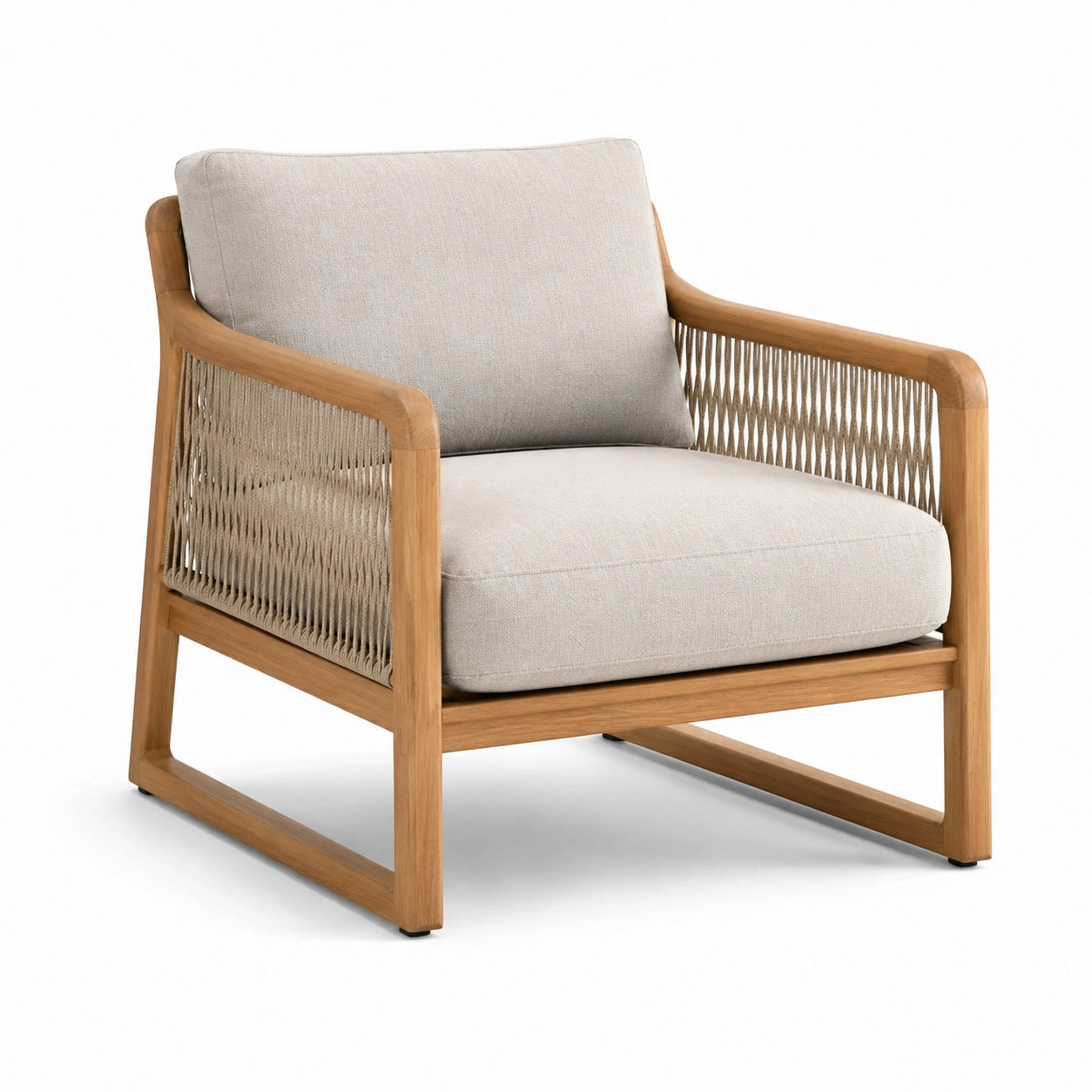 Fauteuil en bois de chêne et corde avec coussins en lin beige