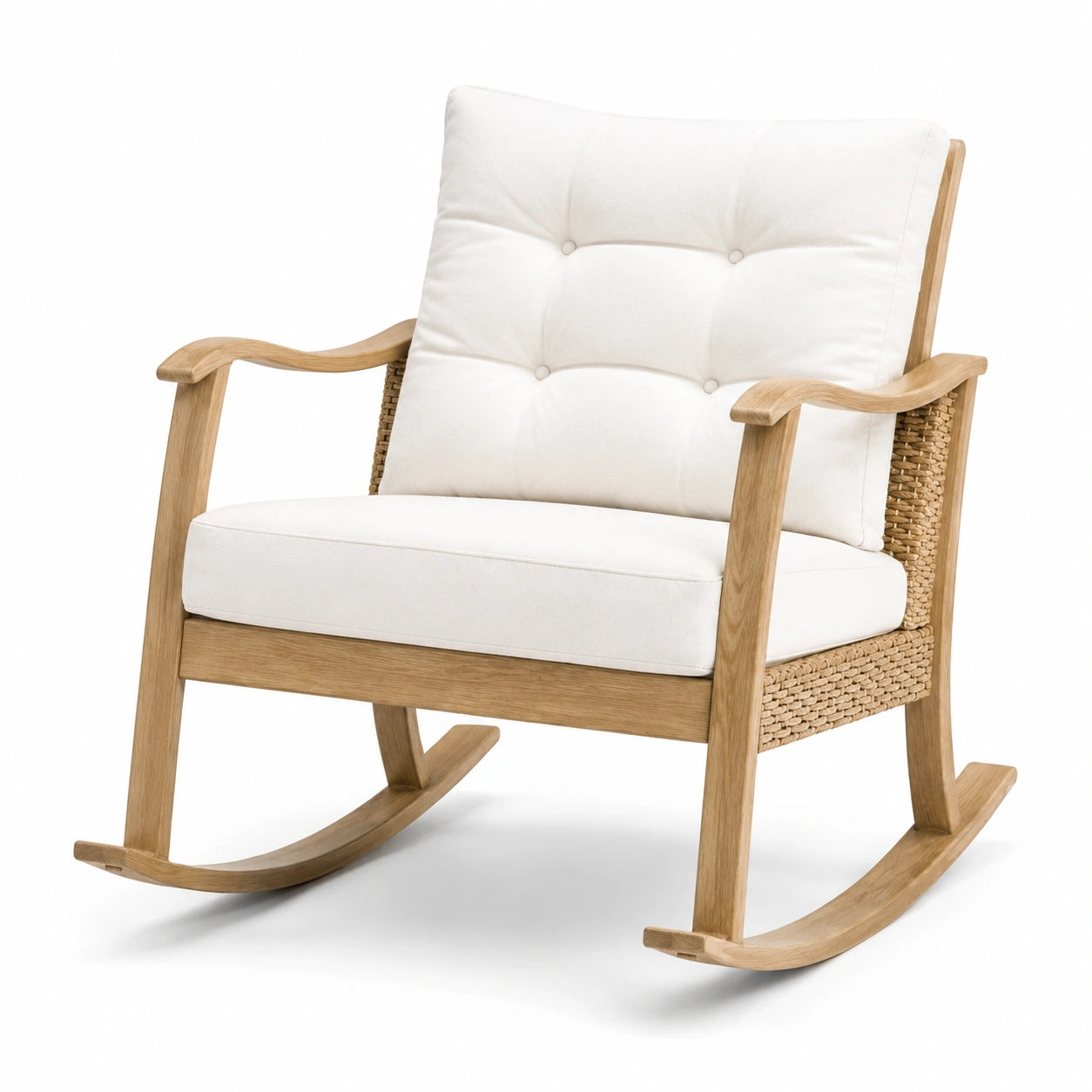 Fauteuil à bascule en bois avec coussin en polyester blanc