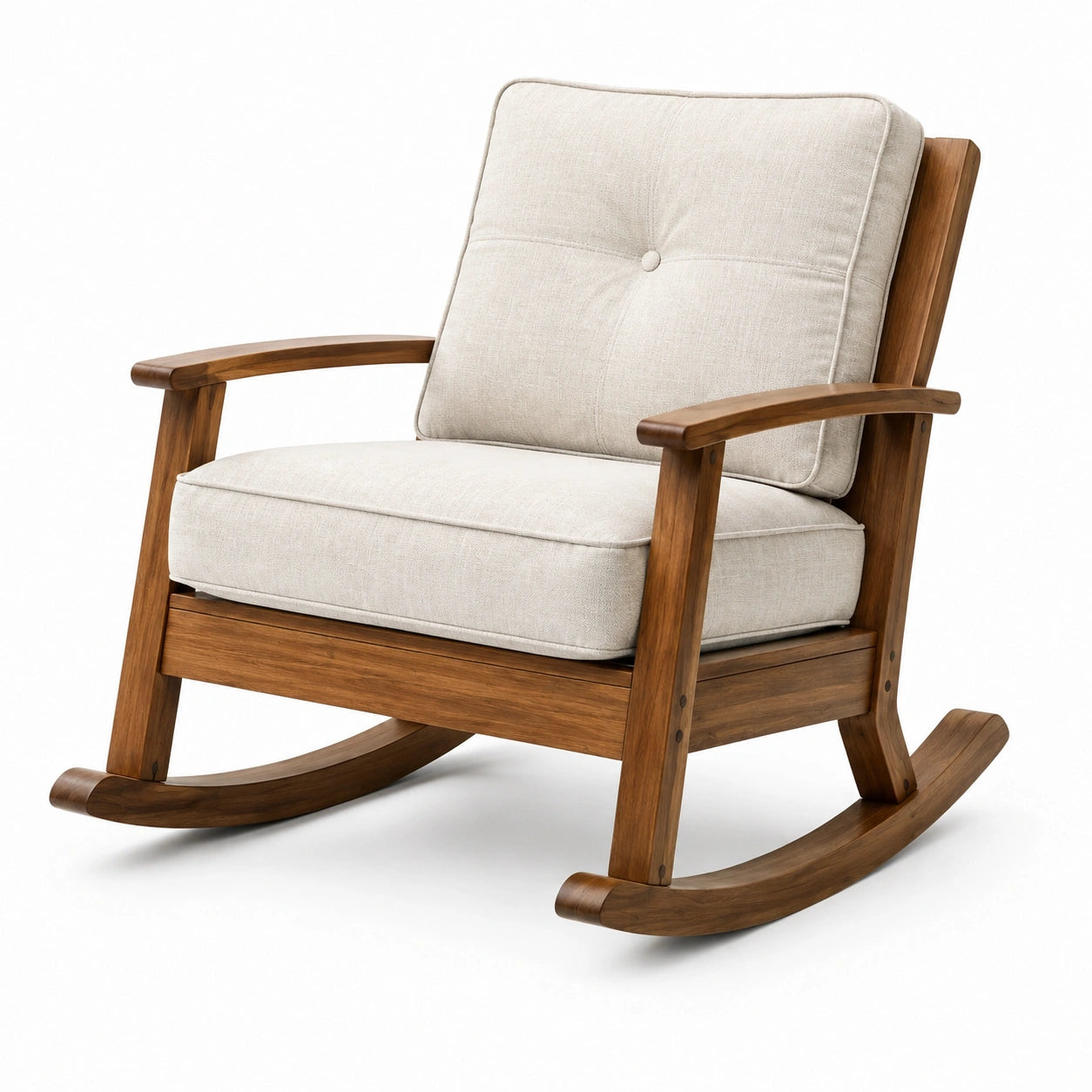 Fauteuil à bascule en bois d'acacia avec coussins en lin beige