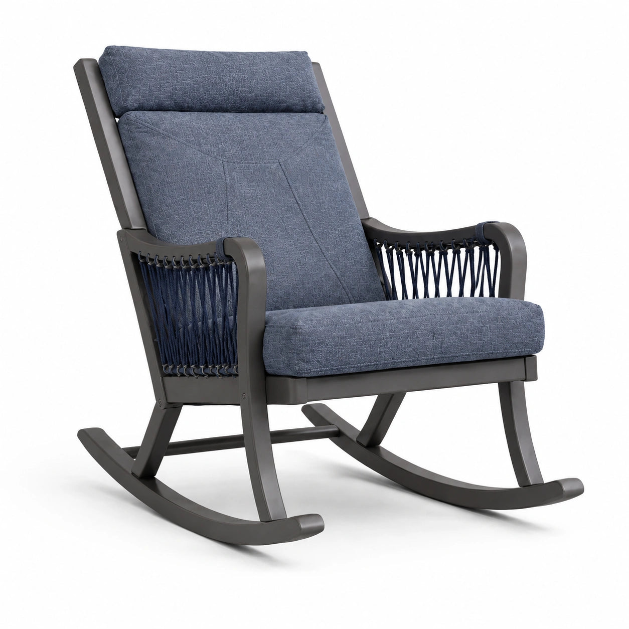 Fauteuil à bascule en métal et tissu polyester bleu