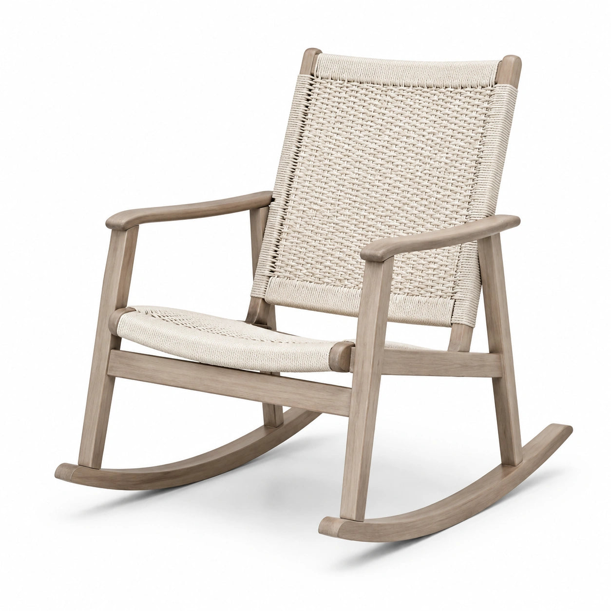 Chaise à bascule en bois de chêne et corde tressée blanc cassé